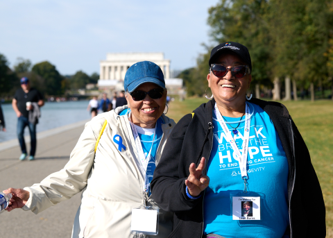 Two women walking for lung cancer awareness